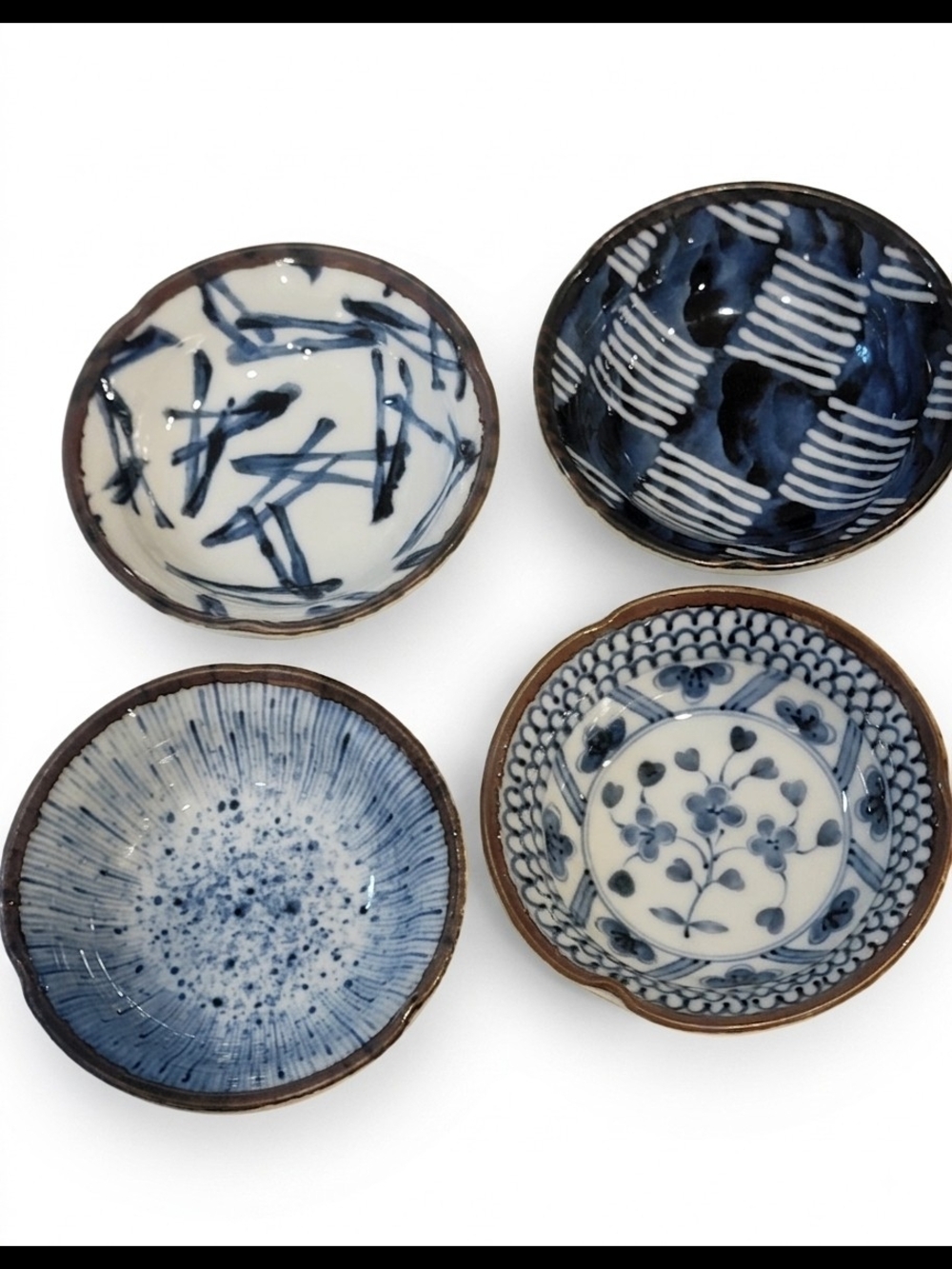 Set of 4 Japanese Ceramic Dipping Bowls Blue White Assorted Small Sauce Dishes